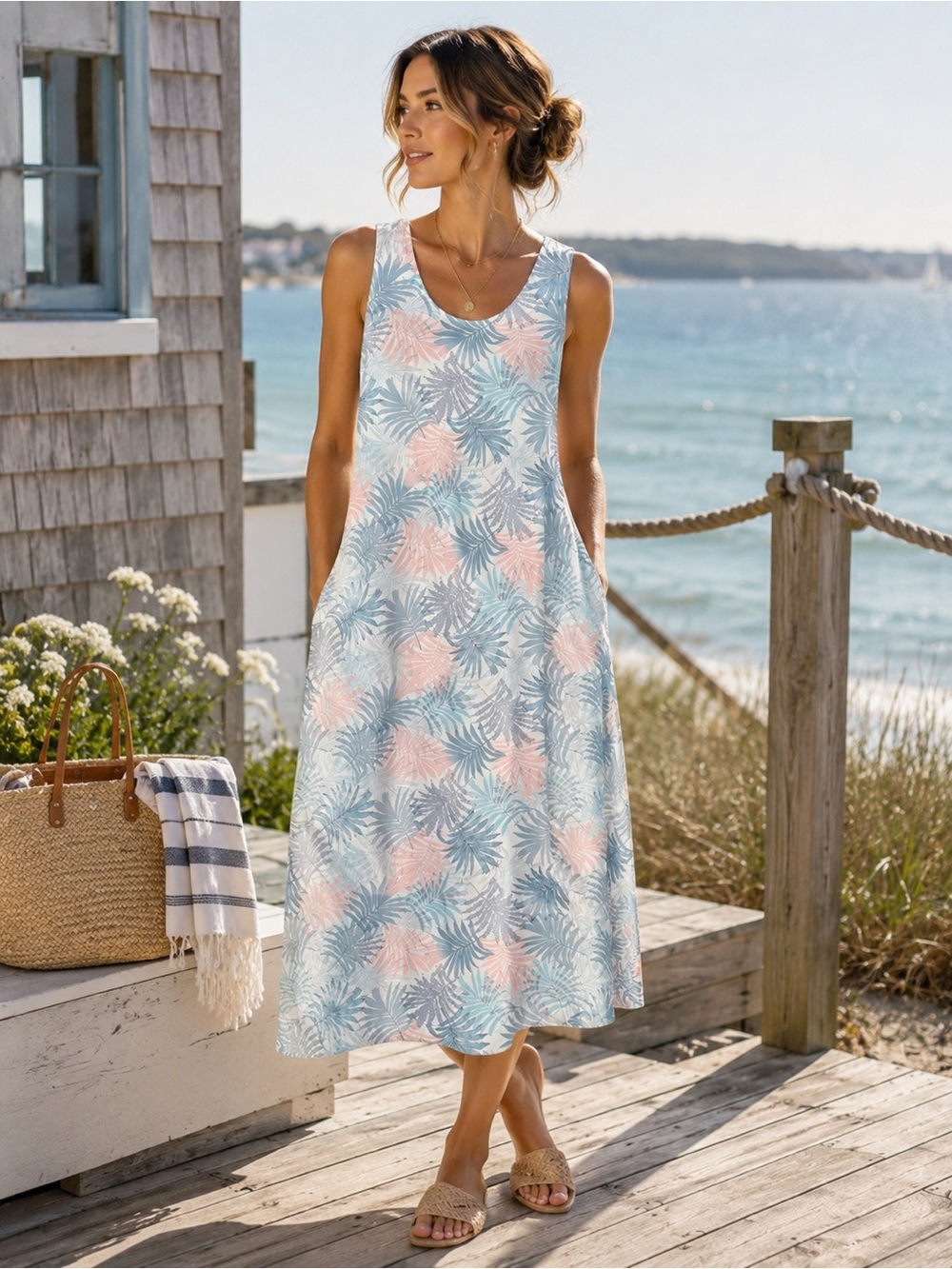 Tahari Tropical Leaf Print Midi Dress Size 2X Blue Pink